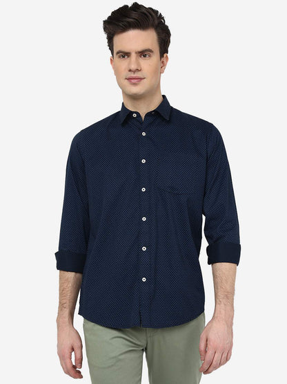 Navy Blue Printed Smart Fit Semi Casual Shirt | Greenfibre