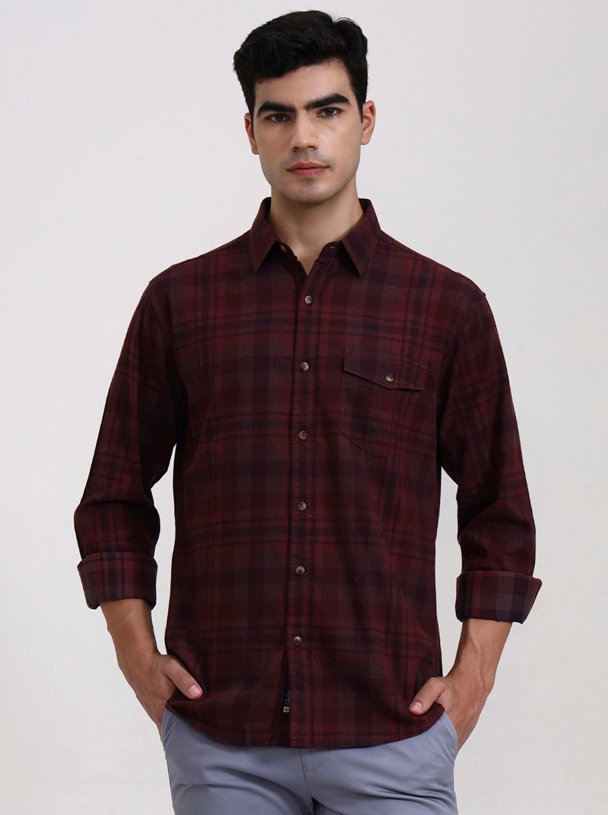 Dark Wine Checked Slim Fit Casual Shirt | Greenfibre