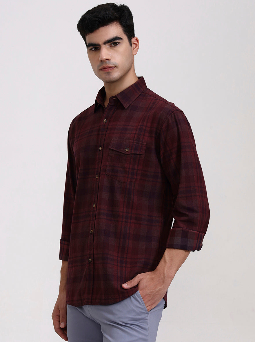 Dark Wine Checked Slim Fit Casual Shirt | Greenfibre