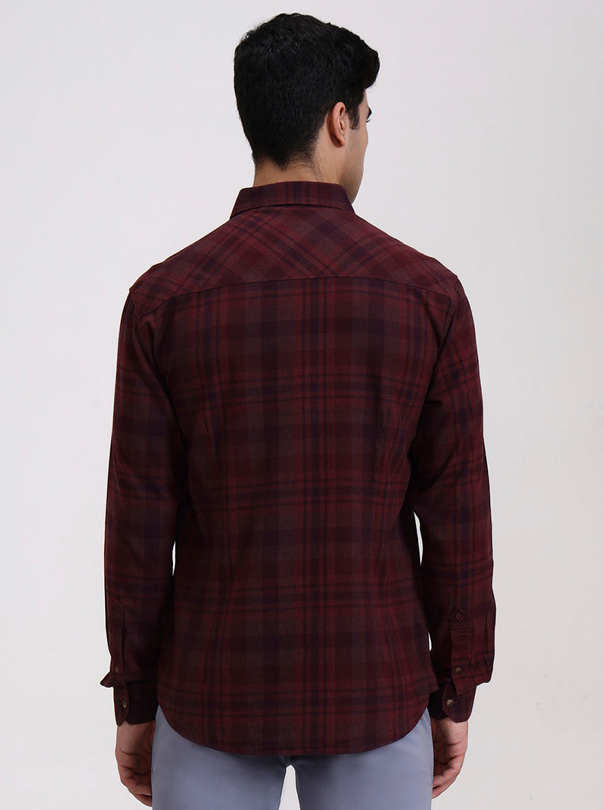 Dark Wine Checked Slim Fit Casual Shirt | Greenfibre