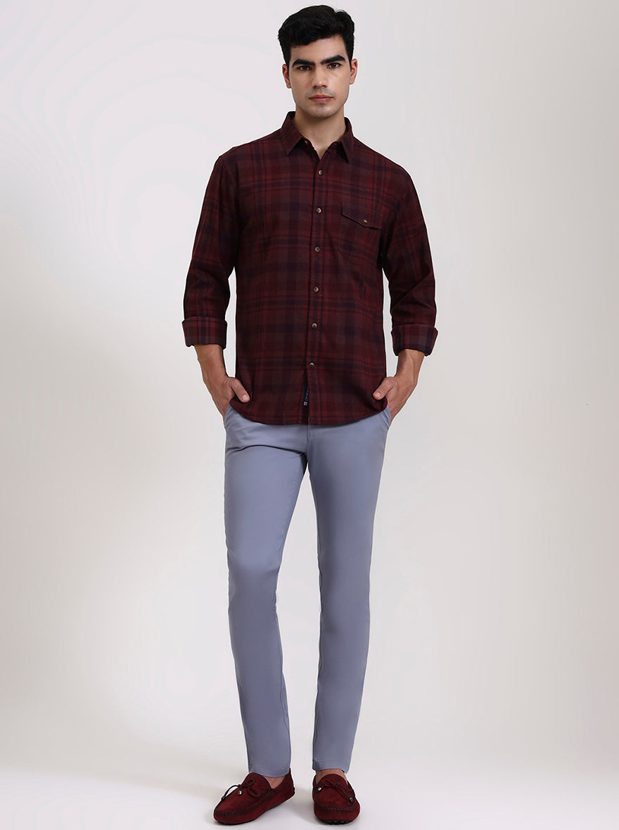 Dark Wine Checked Slim Fit Casual Shirt | Greenfibre