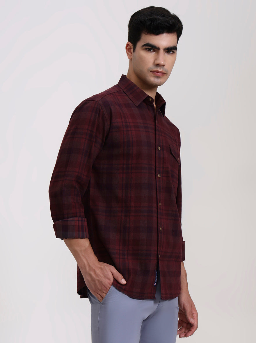 Dark Wine Checked Slim Fit Casual Shirt | Greenfibre