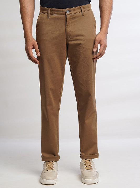 Brown Solid Neo Fit Casual Trouser | Greenfibre