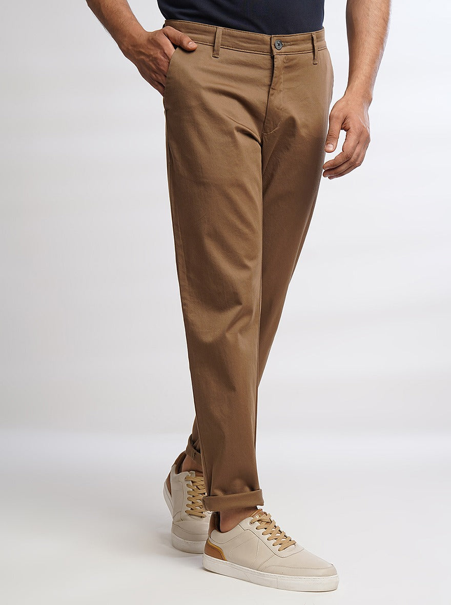 Brown Solid Neo Fit Casual Trouser | Greenfibre