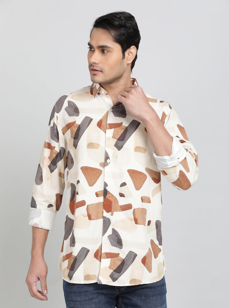 Cream Printed Slim Fit Casual Shirt | JadeBlue