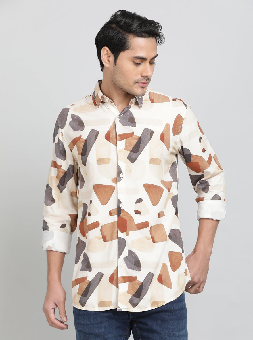 Cream Printed Slim Fit Casual Shirt | JadeBlue