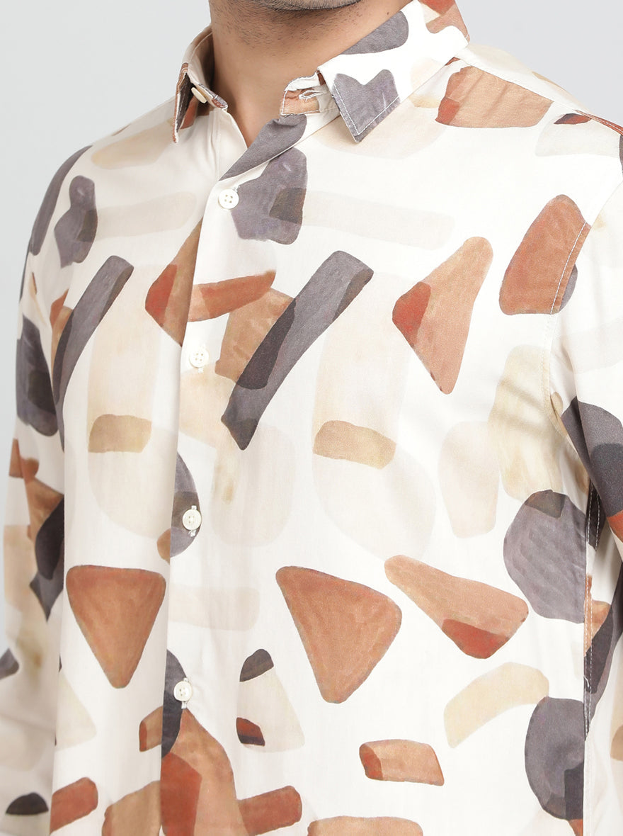 Cream Printed Slim Fit Casual Shirt | JadeBlue
