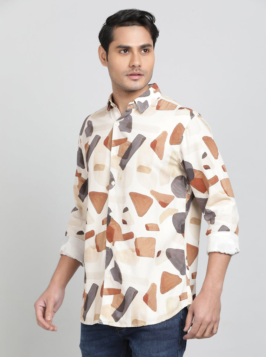 Cream Printed Slim Fit Casual Shirt | JadeBlue