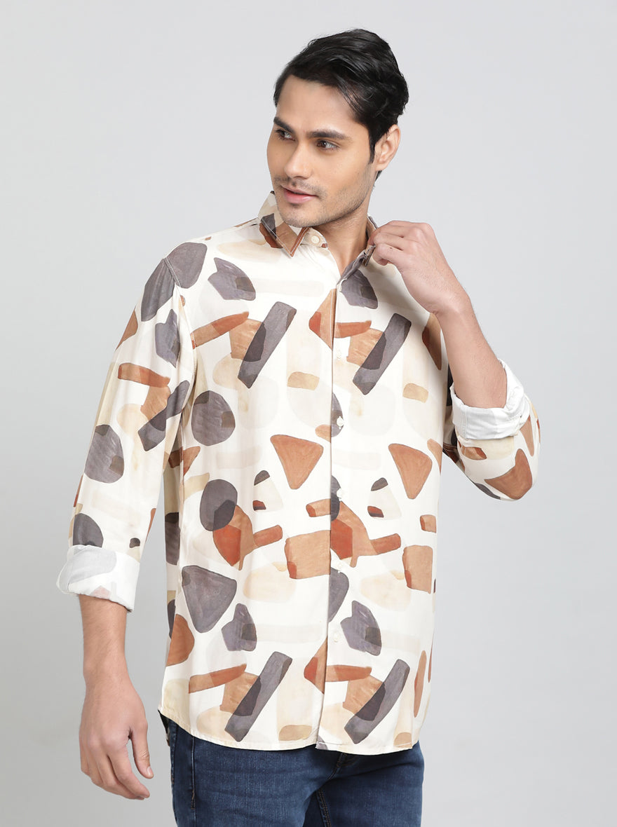 Cream Printed Slim Fit Casual Shirt | JadeBlue