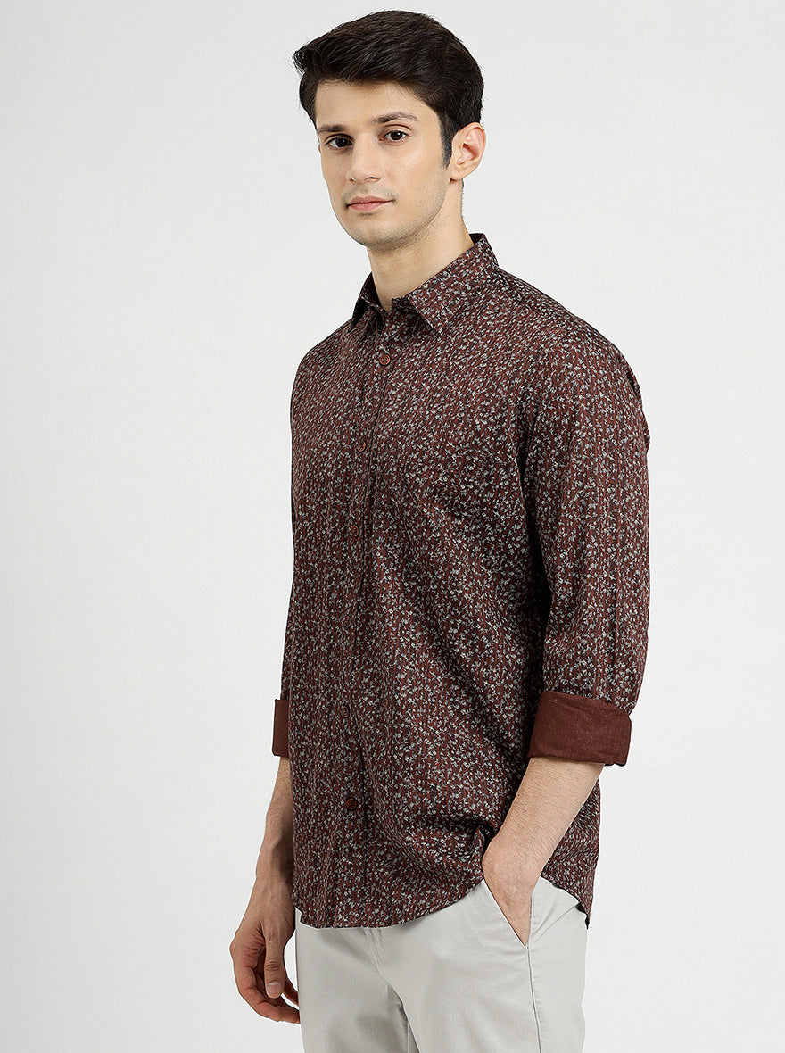 Brown Printed Smart Fit Semi Casual Shirt | Greenfibre