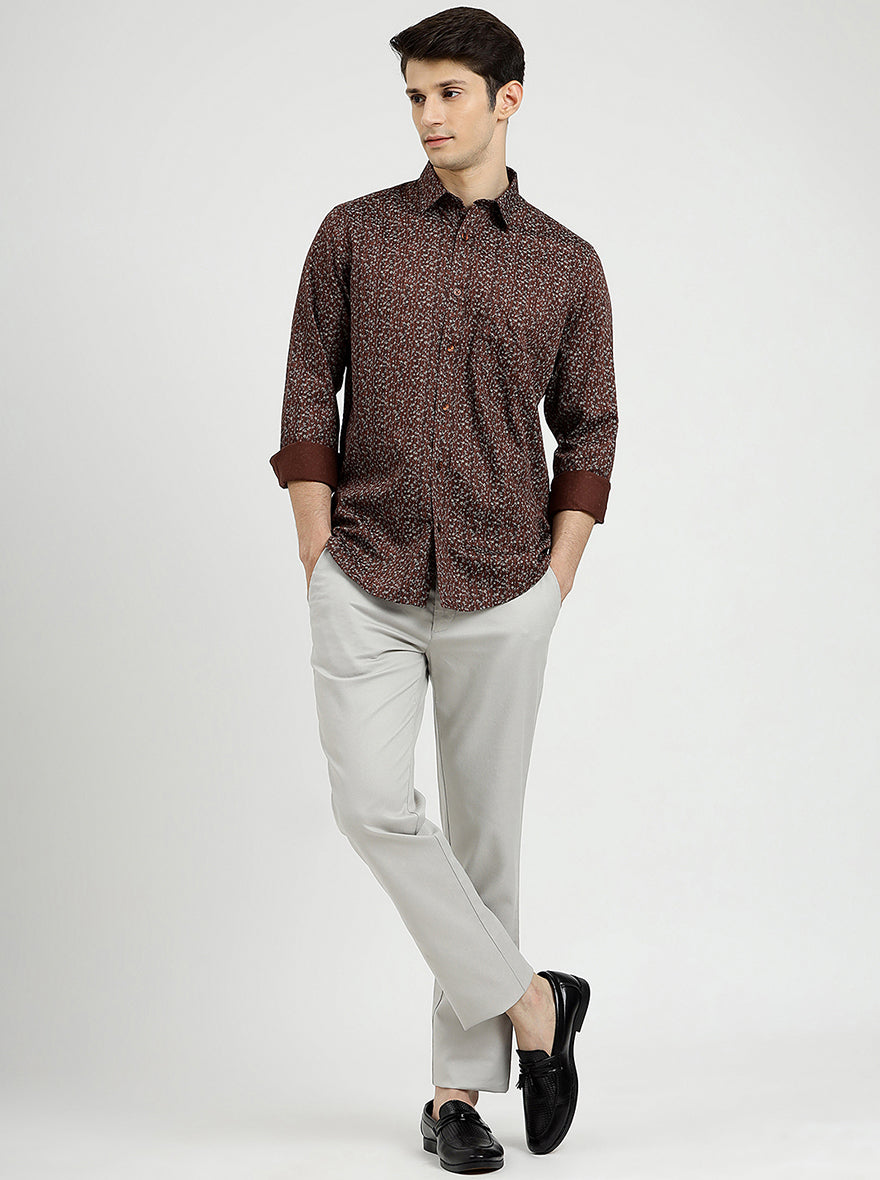 Brown Printed Smart Fit Semi Casual Shirt | Greenfibre