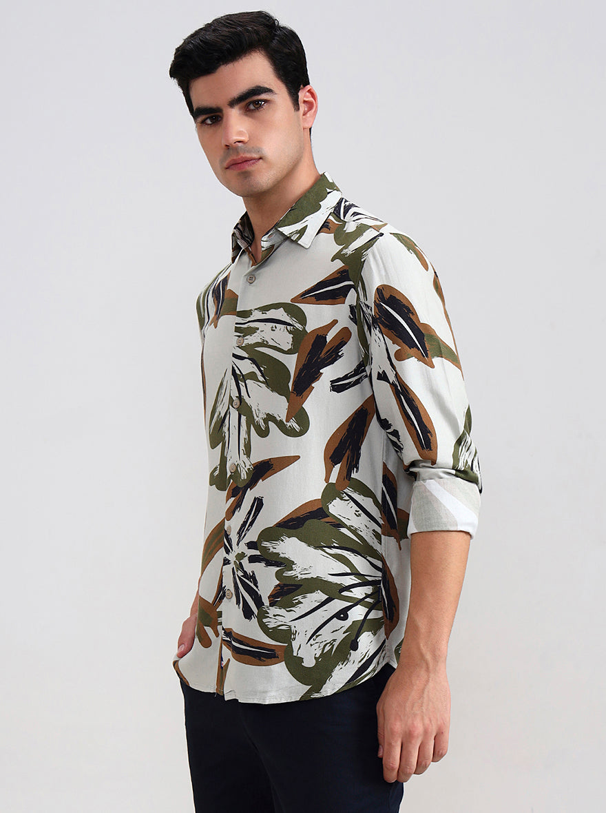 Olive Grey Printed Slim Fit Casual Shirt | Greenfibre