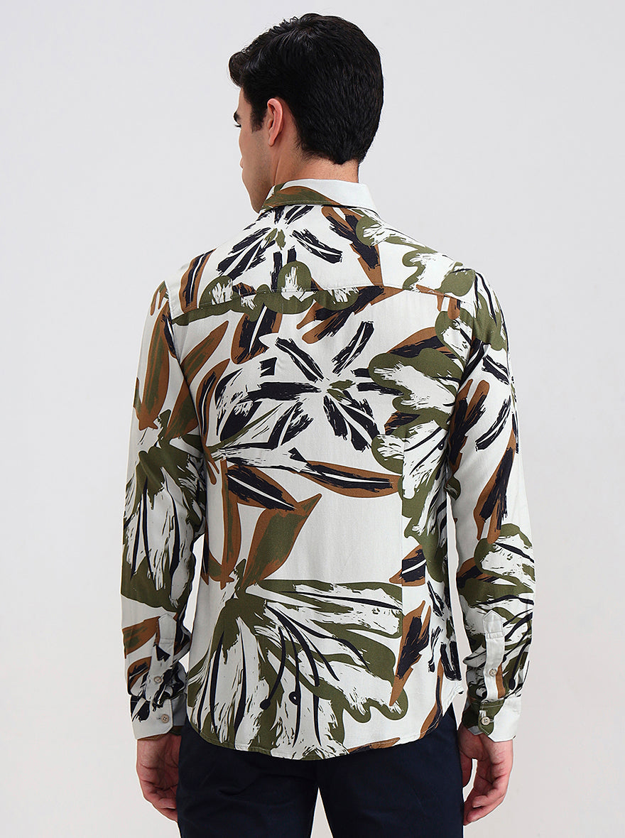 Olive Grey Printed Slim Fit Casual Shirt | Greenfibre