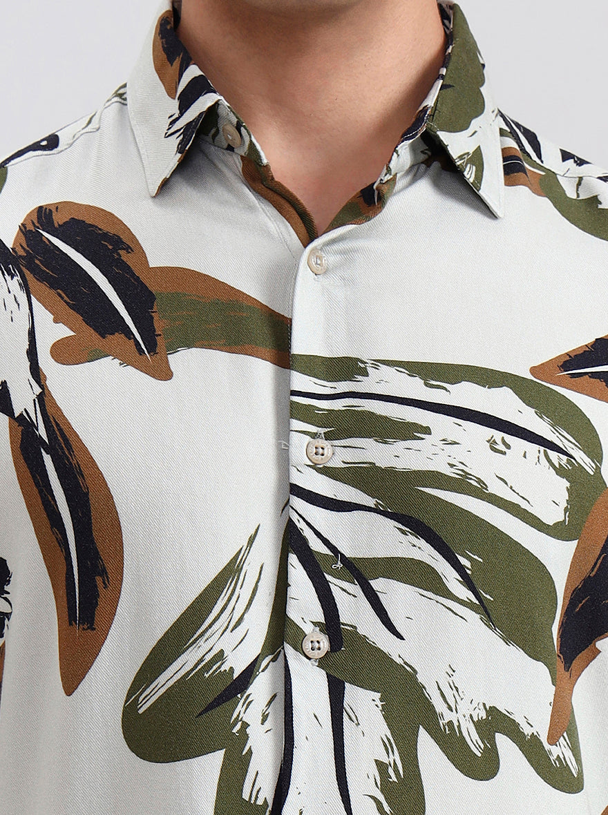 Olive Grey Printed Slim Fit Casual Shirt | Greenfibre