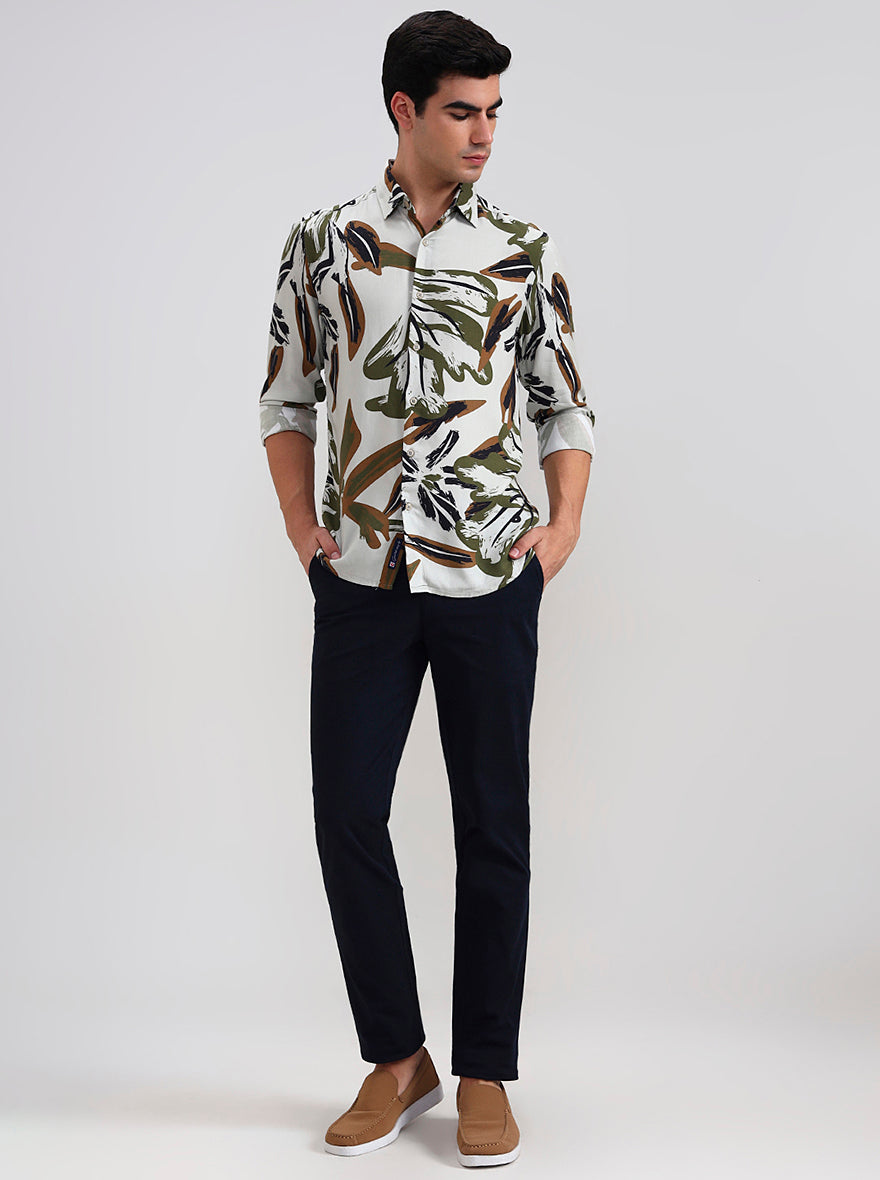 Olive Grey Printed Slim Fit Casual Shirt | Greenfibre