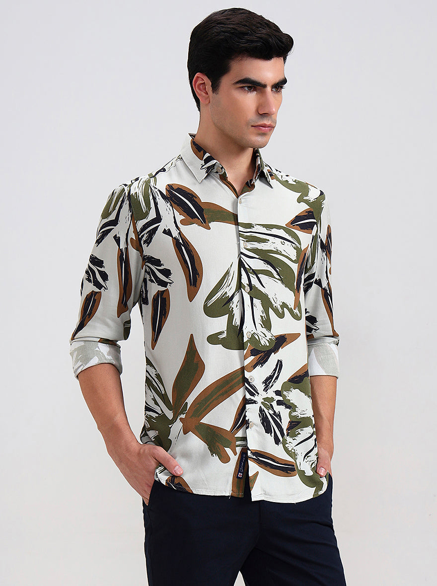 Olive Grey Printed Slim Fit Casual Shirt | Greenfibre