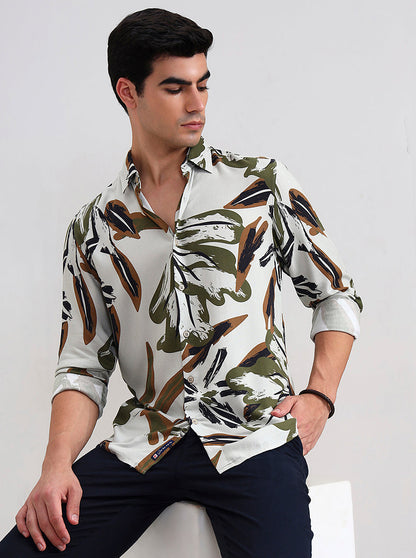 Olive Grey Printed Slim Fit Casual Shirt | Greenfibre