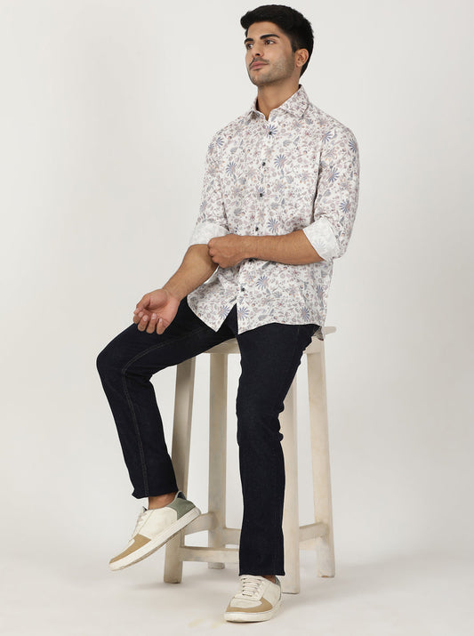 White Printed Slim Fit Party Wear Shirt | Greenfibre