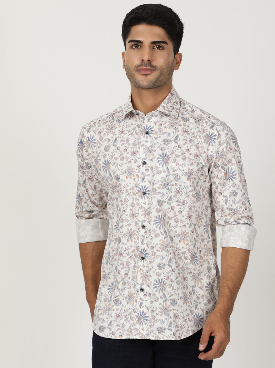 White Printed Slim Fit Party Wear Shirt | Greenfibre