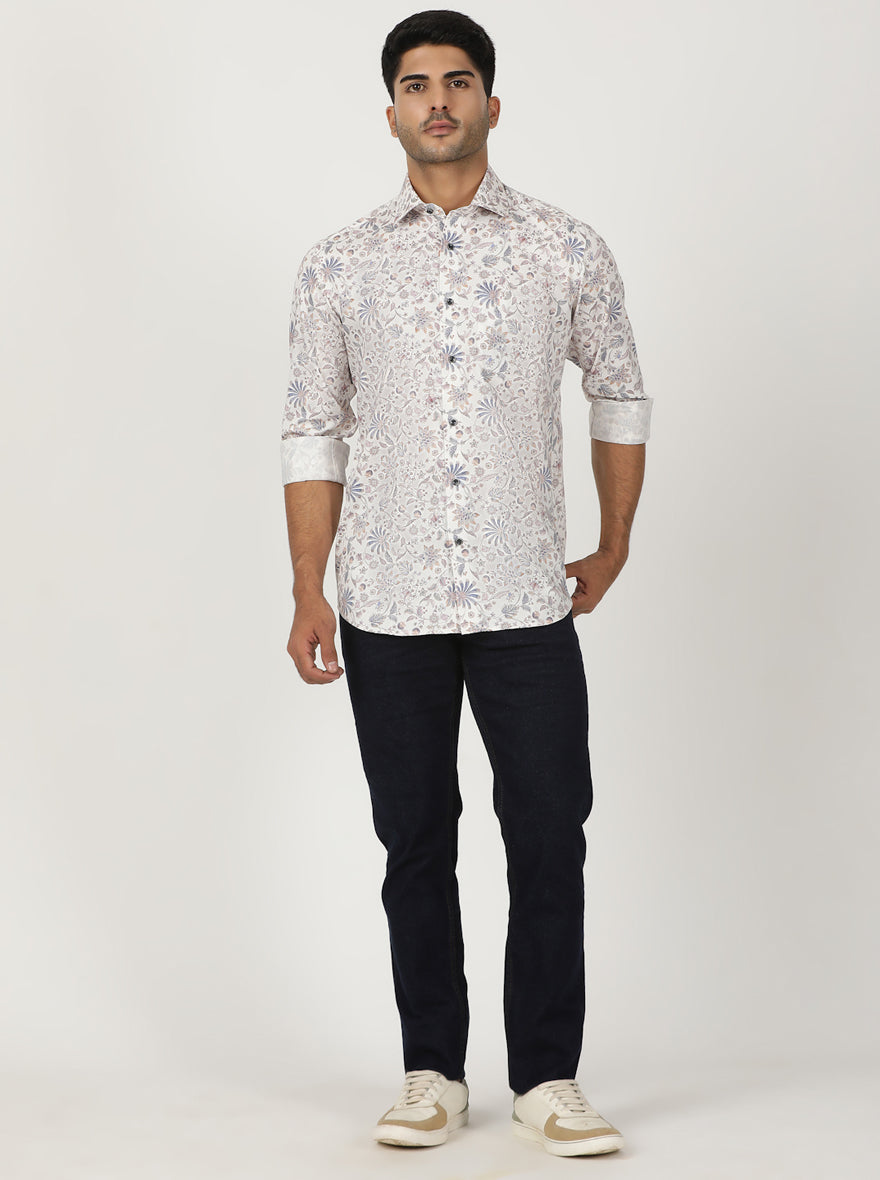 White Printed Slim Fit Party Wear Shirt | Greenfibre