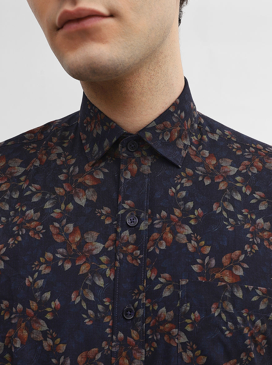 Navy Blue Printed Smart Fit Semi Casual Shirt | Greenfibre