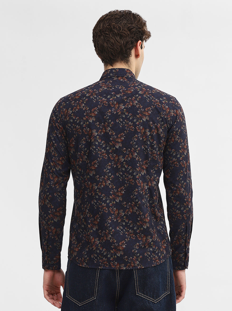 Navy Blue Printed Smart Fit Semi Casual Shirt | Greenfibre