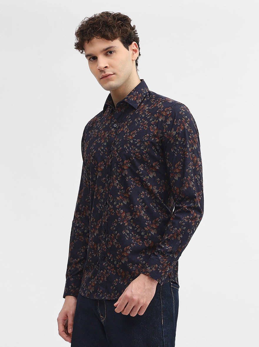 Navy Blue Printed Smart Fit Semi Casual Shirt | Greenfibre