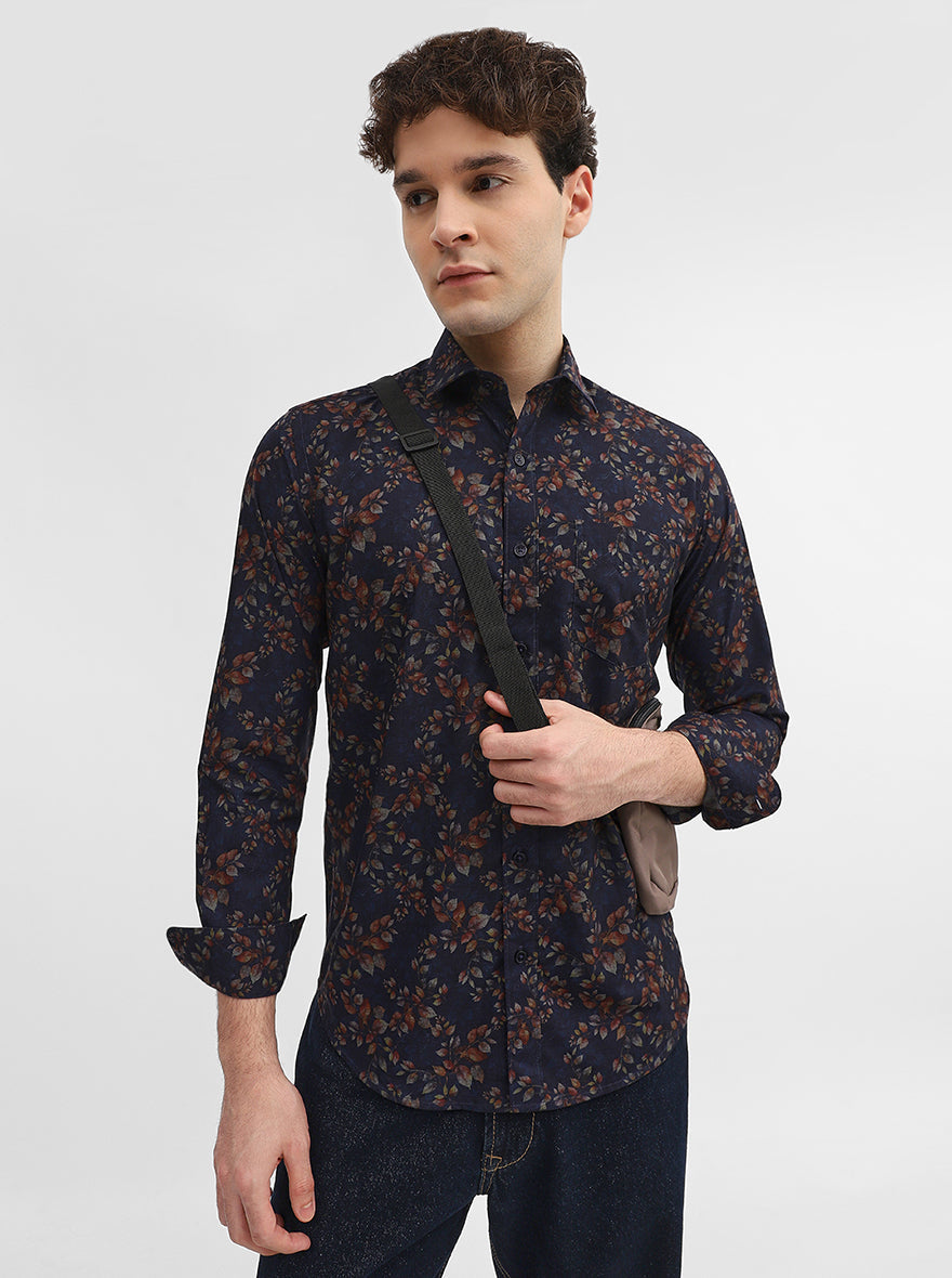 Navy Blue Printed Smart Fit Semi Casual Shirt | Greenfibre
