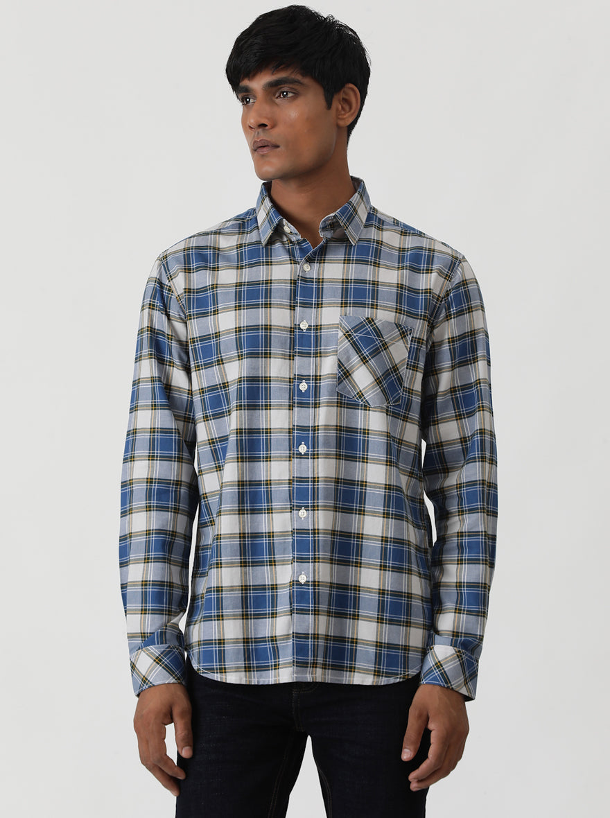 Blue Checked Slim Fit Casual Shirt | Greenfibre