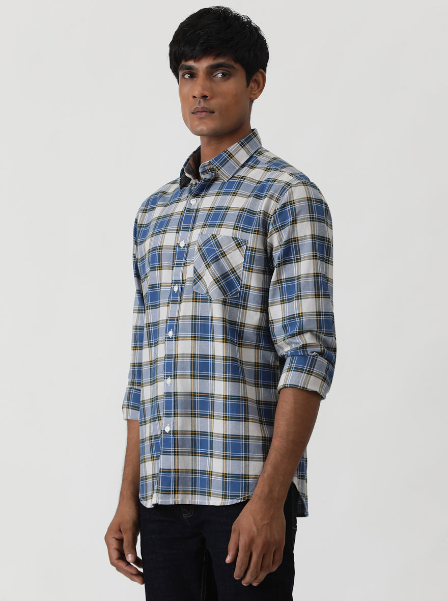 Blue Checked Slim Fit Casual Shirt | Greenfibre