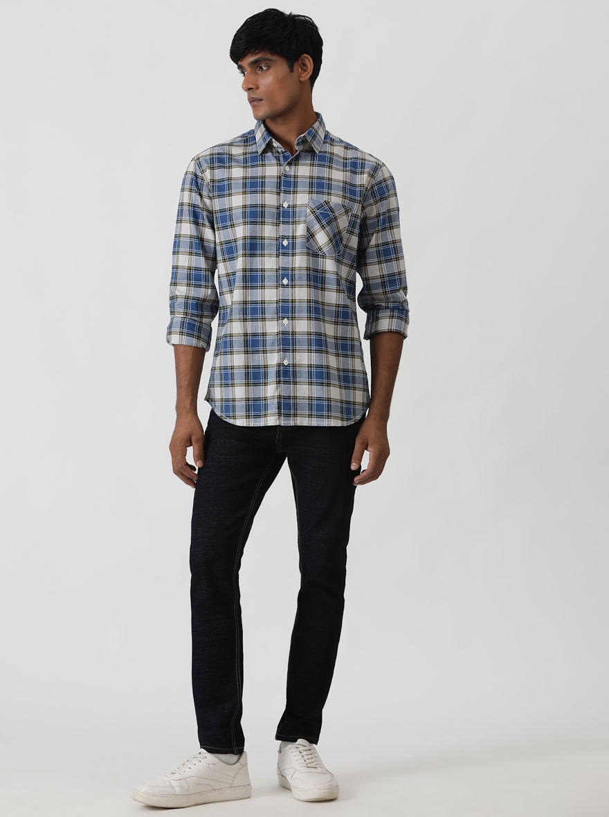 Blue Checked Slim Fit Casual Shirt | Greenfibre