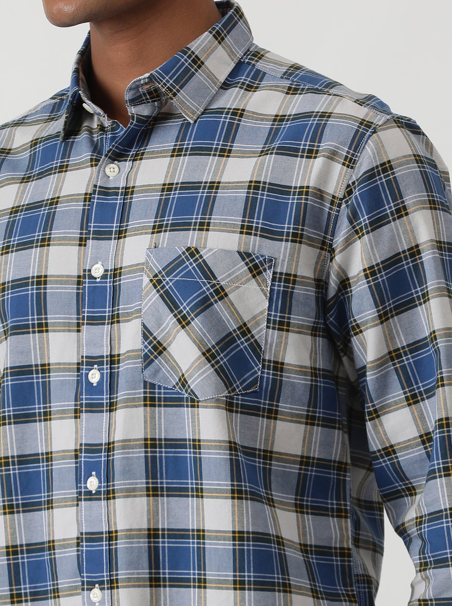 Blue Checked Slim Fit Casual Shirt | Greenfibre