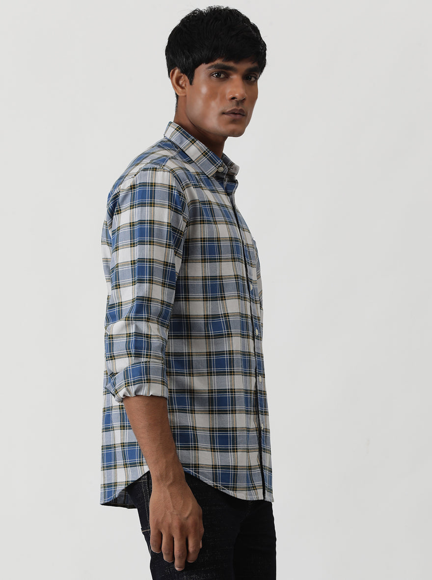 Blue Checked Slim Fit Casual Shirt | Greenfibre