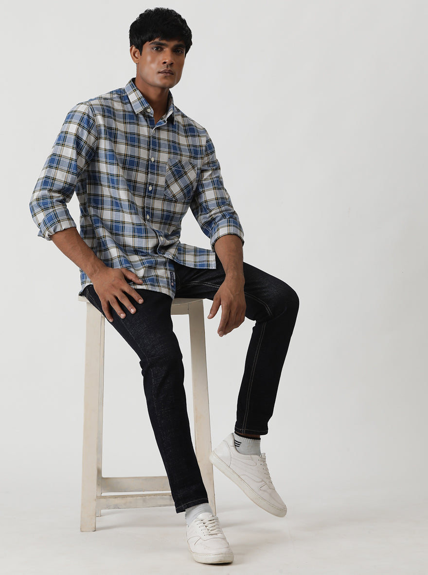 Blue Checked Slim Fit Casual Shirt | Greenfibre