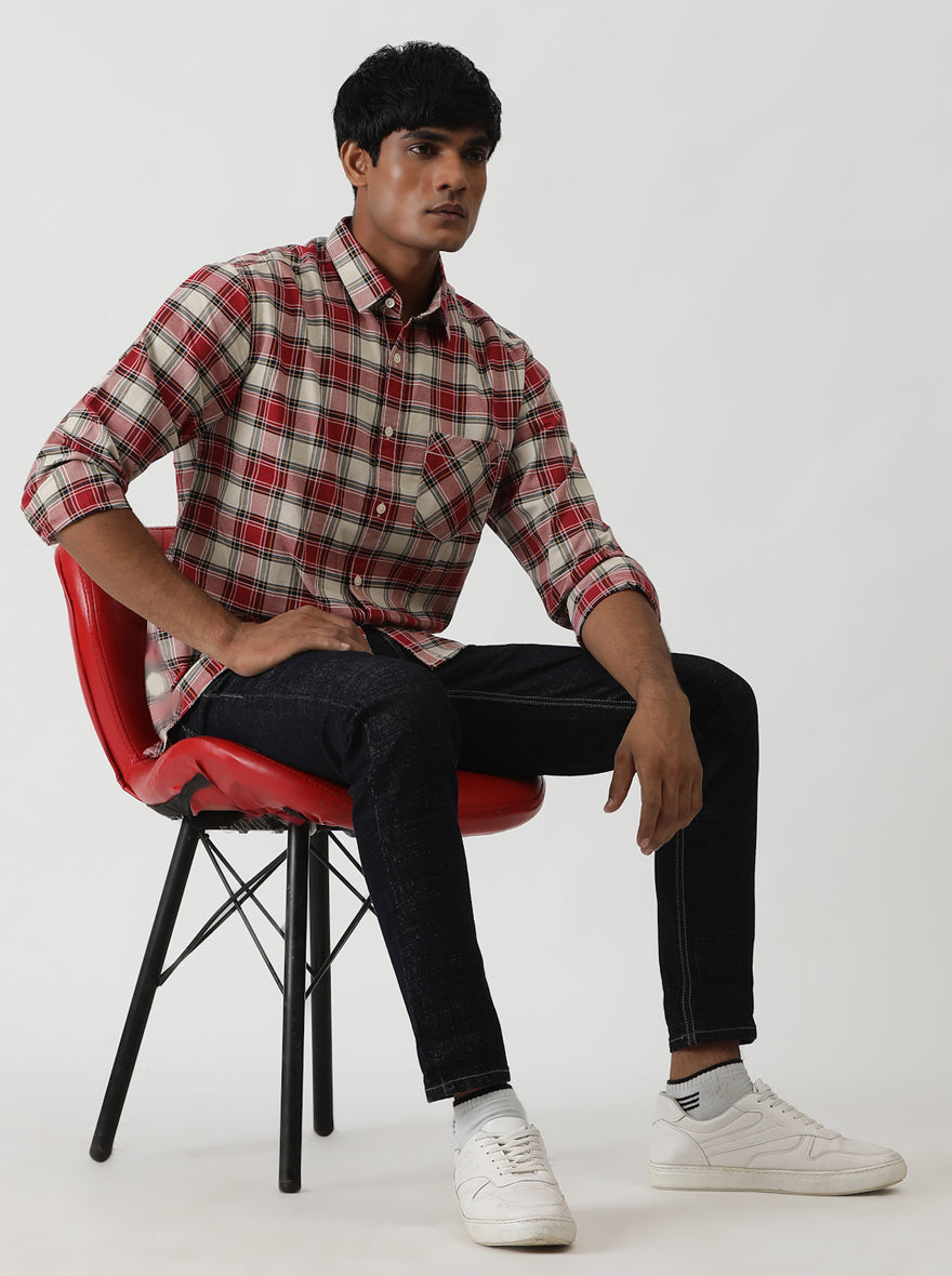 Red Checked Slim Fit Casual Shirt | Greenfibre