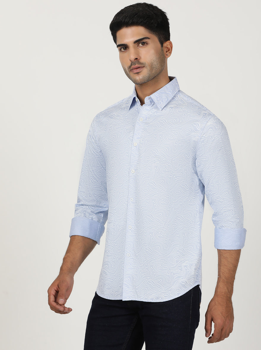 Light Blue Printed Slim Fit Casual Shirt | Greenfibre