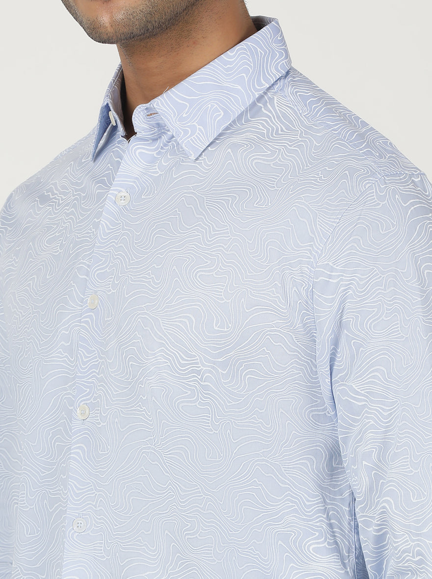 Light Blue Printed Slim Fit Casual Shirt | Greenfibre