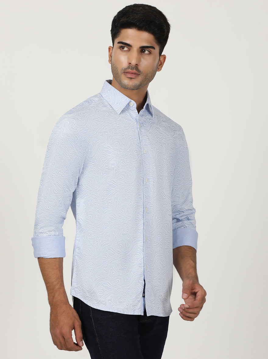 Light Blue Printed Slim Fit Casual Shirt | Greenfibre