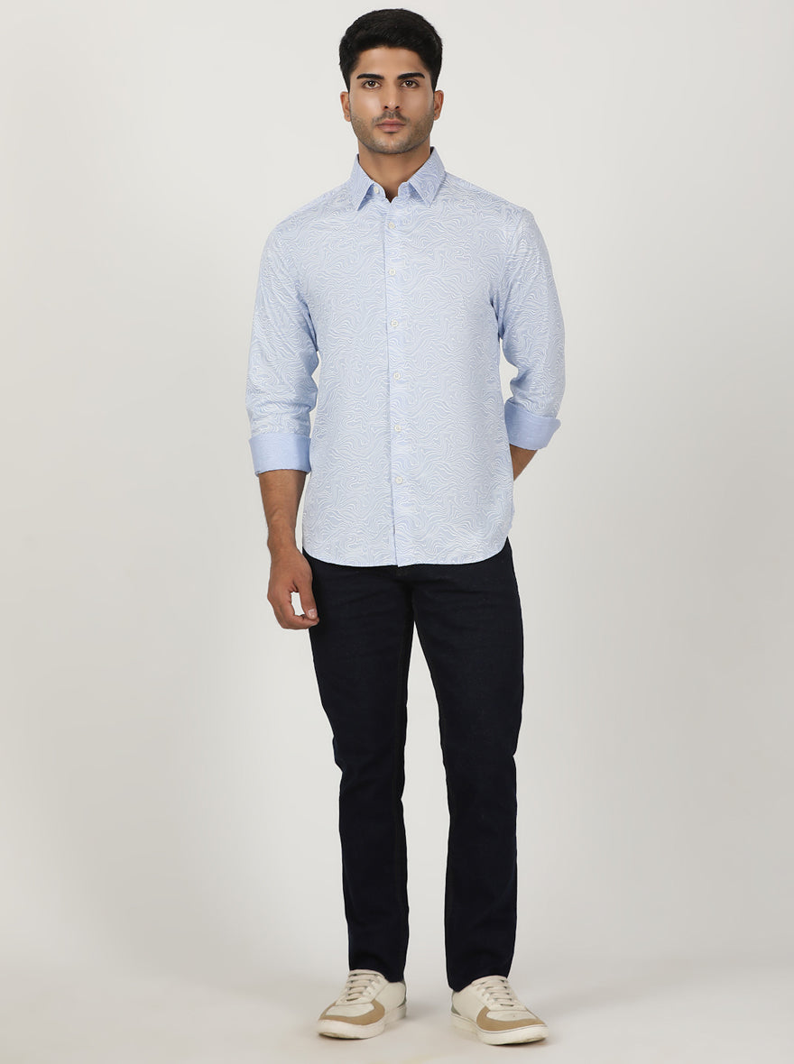 Light Blue Printed Slim Fit Casual Shirt | Greenfibre