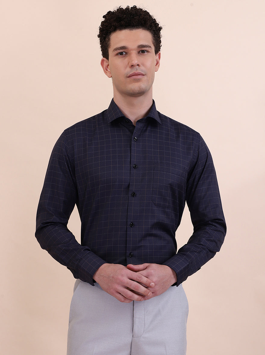 Navy Blue Checked Slim Fit Formal Shirt | Greenfibre