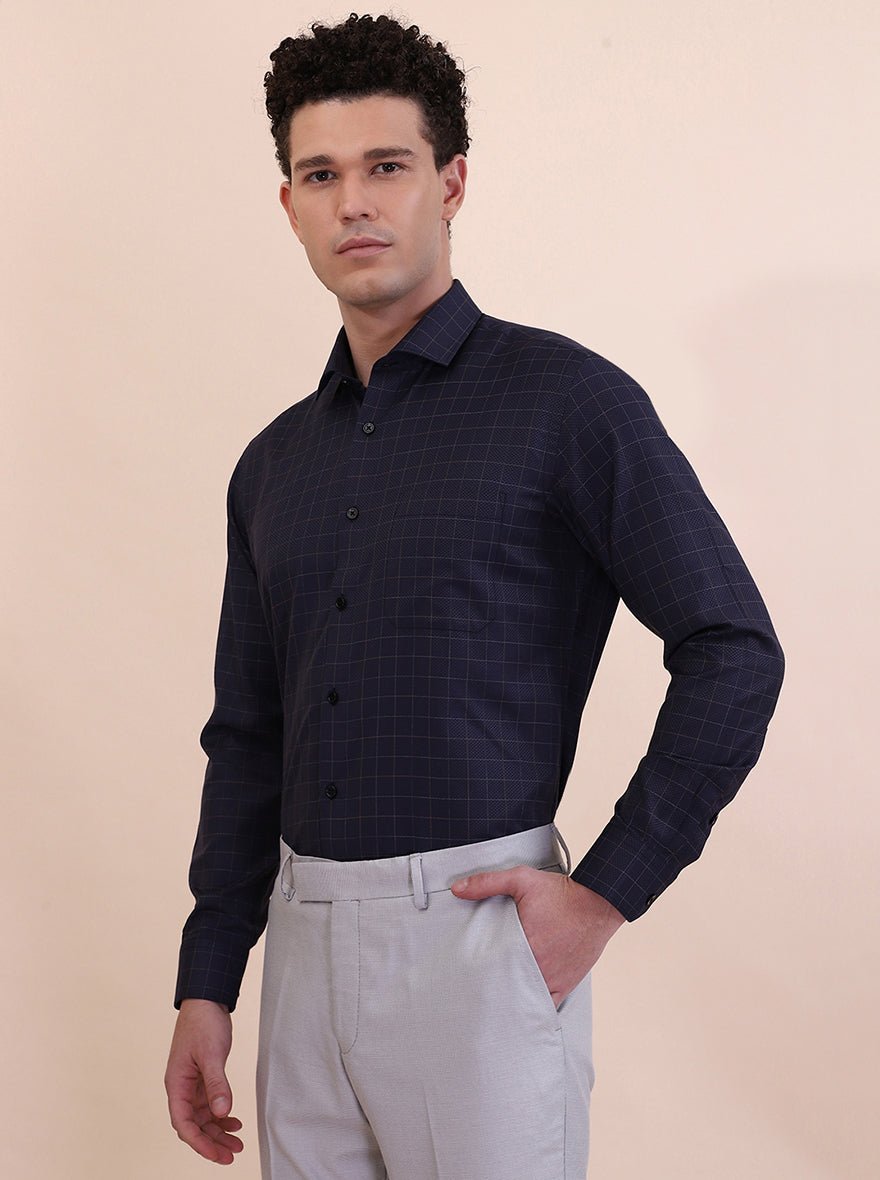 Navy Blue Checked Slim Fit Formal Shirt | Greenfibre