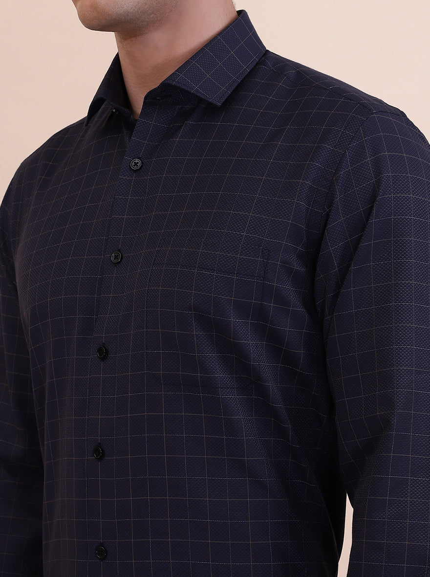 Navy Blue Checked Slim Fit Formal Shirt | Greenfibre