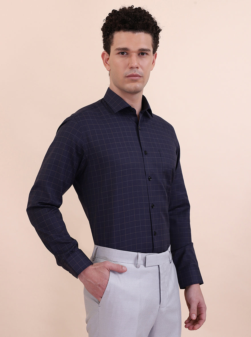 Navy Blue Checked Slim Fit Formal Shirt | Greenfibre