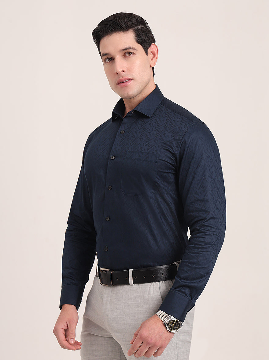 Navy Blue Printed Slim Fit Formal Shirt | Metal