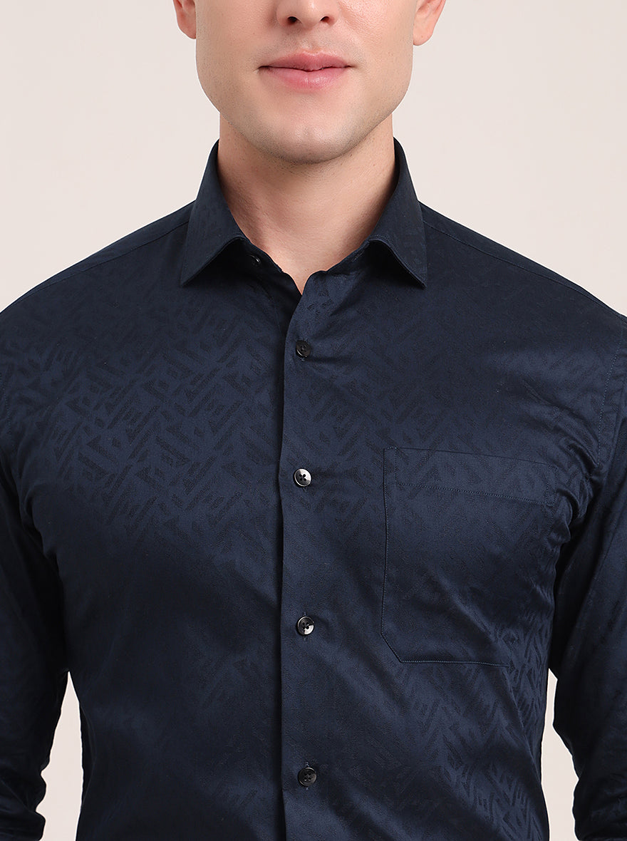 Navy Blue Printed Slim Fit Formal Shirt | Metal