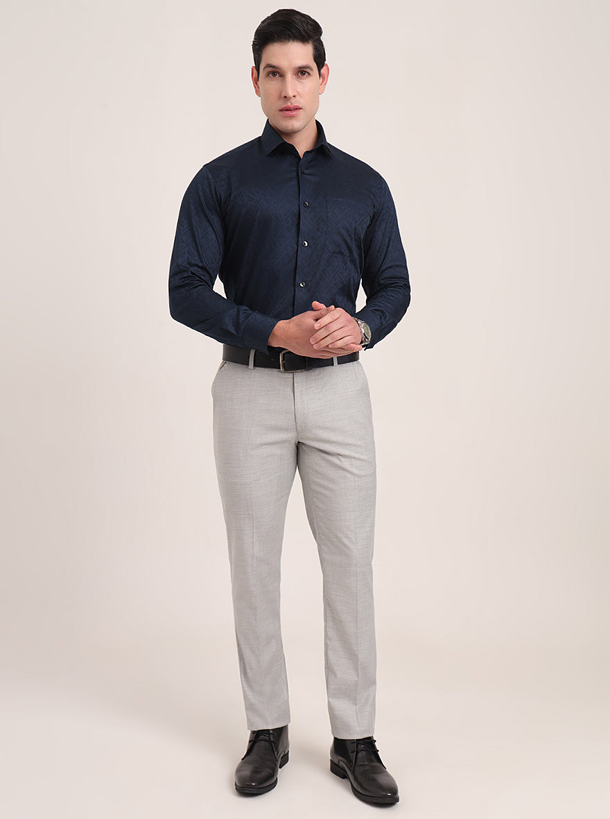 Navy Blue Printed Slim Fit Formal Shirt | Metal