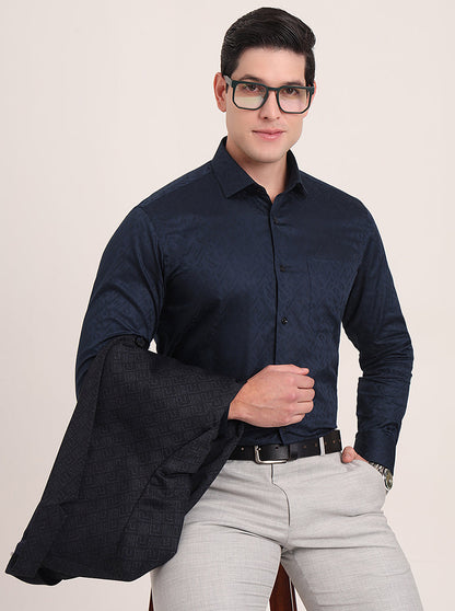 Navy Blue Printed Slim Fit Formal Shirt | Metal