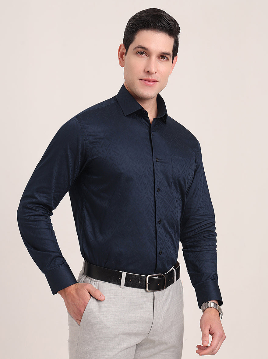 Navy Blue Printed Slim Fit Formal Shirt | Metal