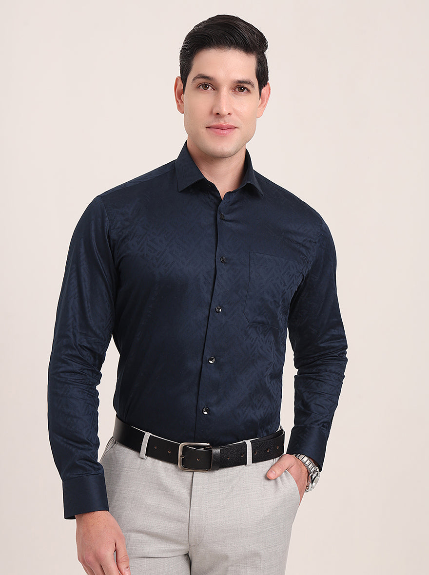 Navy Blue Printed Slim Fit Formal Shirt | Metal