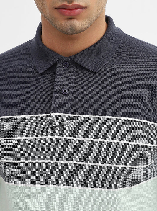 Navy Blue & Green Striped Slim Fit Polo T-Shirt | Greenfibre